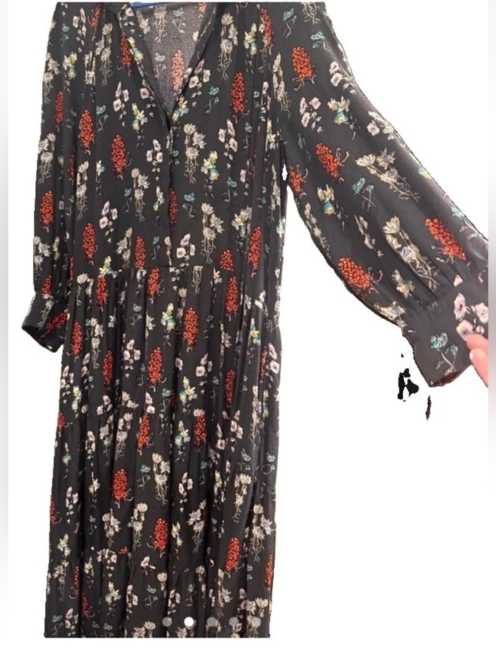 Natural Life Women XL Maxi Dress Long Sleeve V-Neck Floral Print Black Boho 90’S